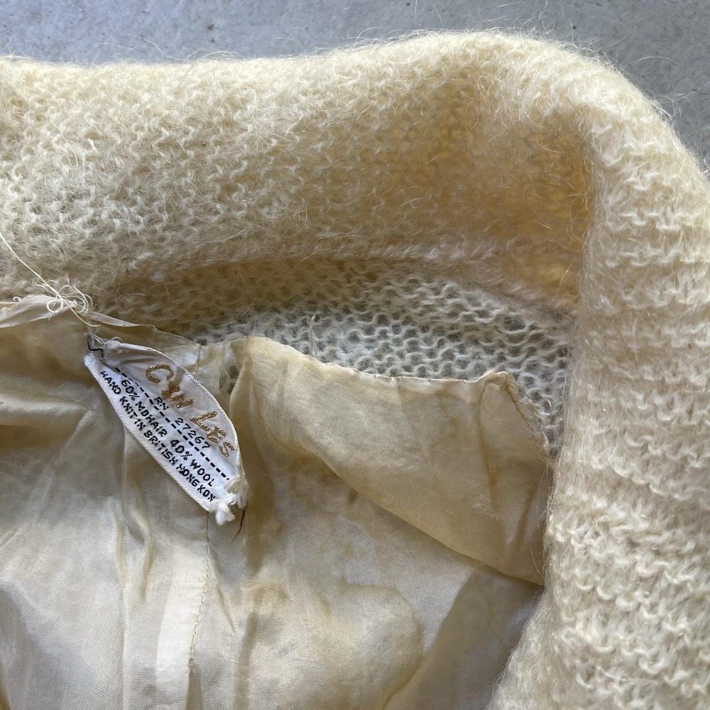 Vintage 60s Mohair Wool Cardigan Shawl Collar Lined Cream Fuzzy Sweater Coat - Picture 11 of 11